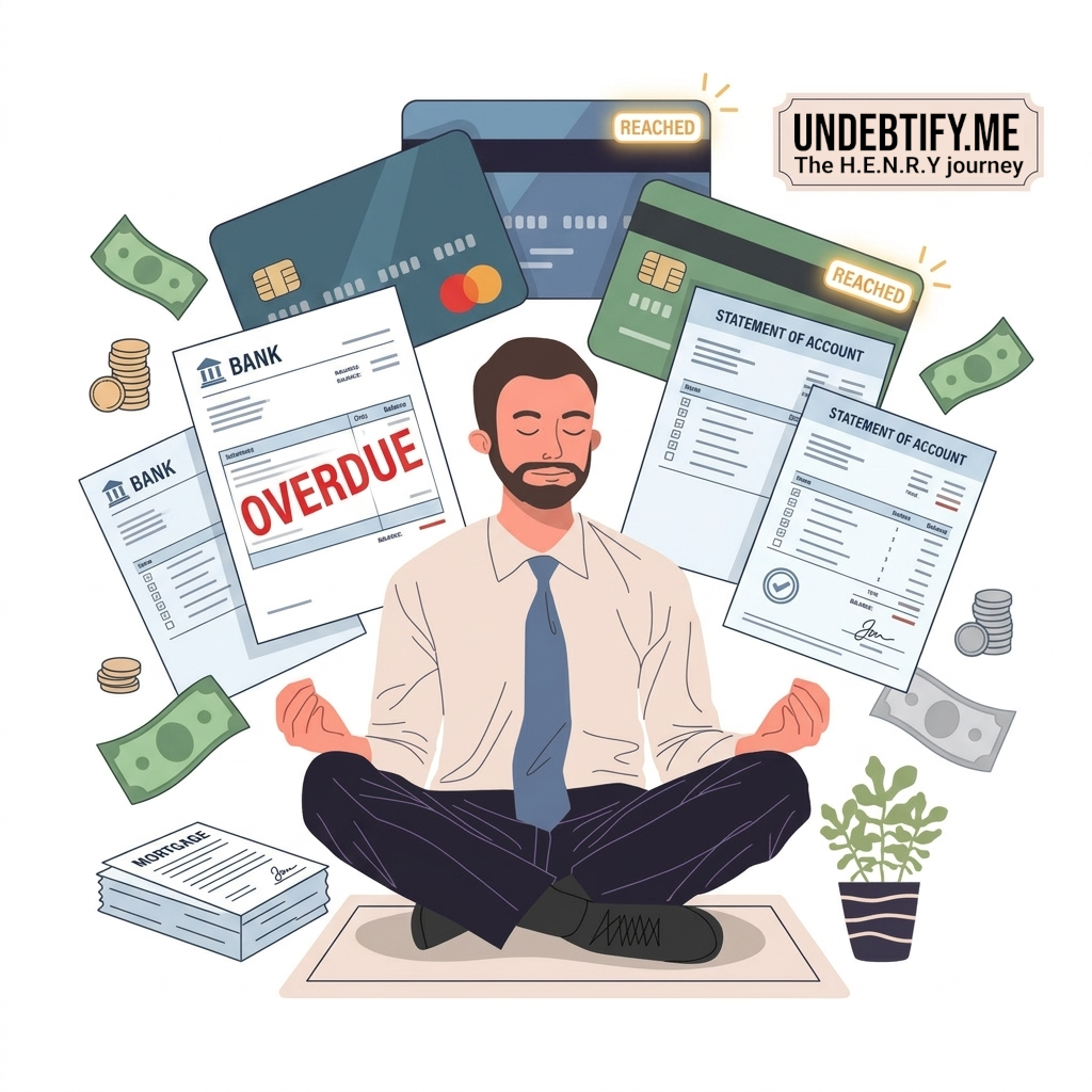 Author of Undebtify meditating while surrounded by credit card debt and bank statements.
